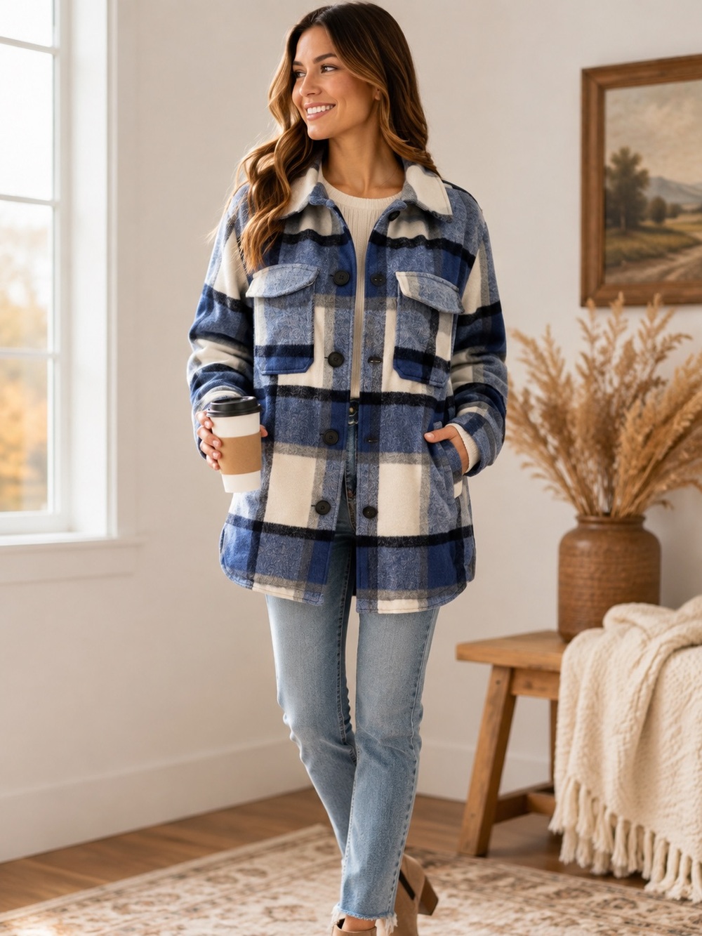 Sebby Plaid Shacket Jacket Medium Blue Wool Blend Lined Fall Coat